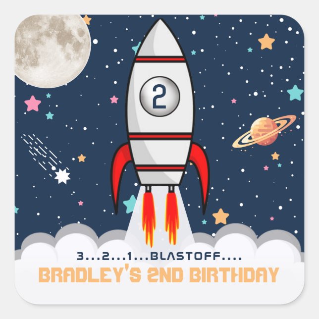 Two the Moon Rocket Ship 2nd Birthday Square Sticker (Front)