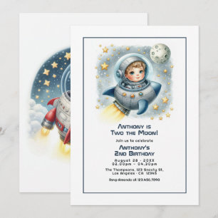 “Two the Moon” Rocket Toddler Birthday Party Invitation