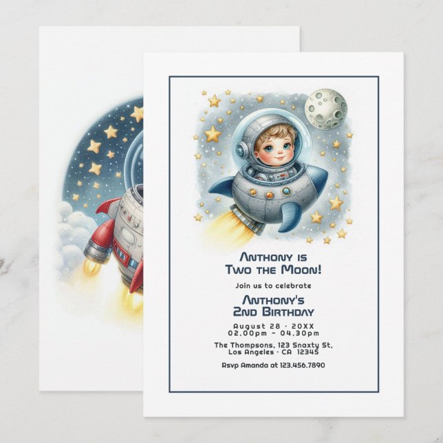 “Two the Moon” Rocket Toddler Birthday Party Invitation (Front/Back)