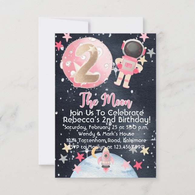 Two the Moon Space Birthday Invitation Girl Kids (Front)