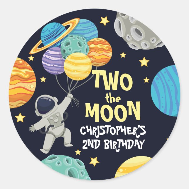 Two the moon Space Planet blue 2nd Birthday Party Classic Round Sticker (Front)