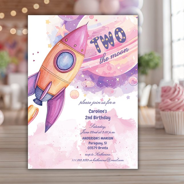 Two The Moon Space Racket Ship 2nd Pink Birthday  Invitation (Creator Uploaded)