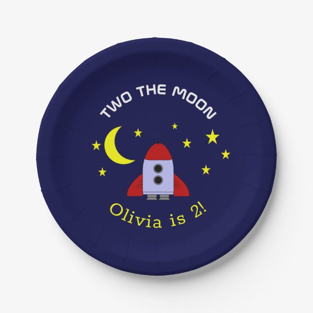 Two The Moon Space Rocket Ship 2nd Birthday Paper Plate (Front)