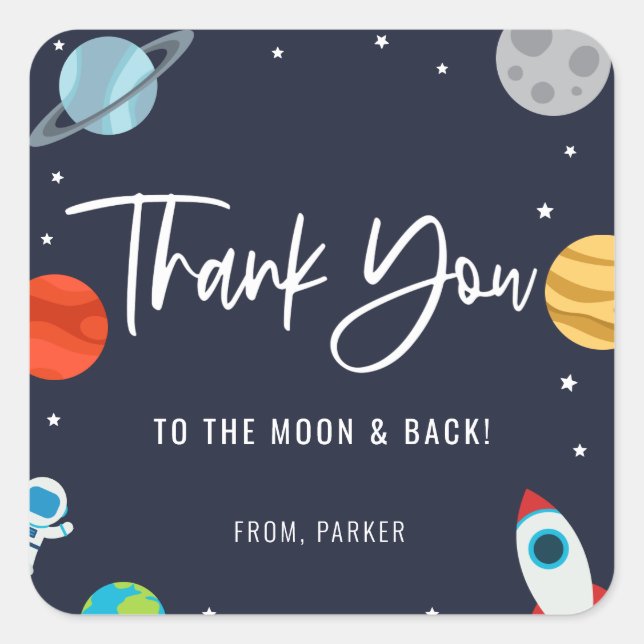 Two The Moon Space Theme Birthday Party Thank You Square Sticker (Front)