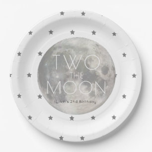 Two the Moon White Silver Boy 2nd Birthday Paper Plate