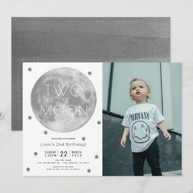 Two the Moon White SIlver Boy Photo 2nd Birthday Invitation (Front/Back)