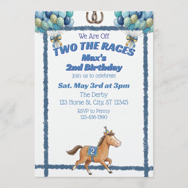 Two The Races, Blue Horse 2nd Birthday Invitation (Front)