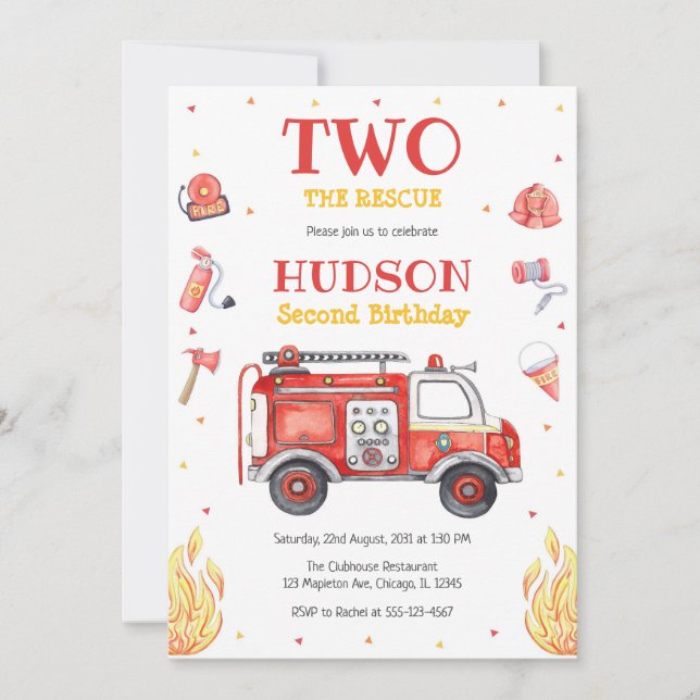 Two the Rescue Firetruck 2nd Birthday Invitation (Devant)