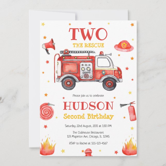 Two the Rescue Firetruck 2nd Birthday Invitation (Front)