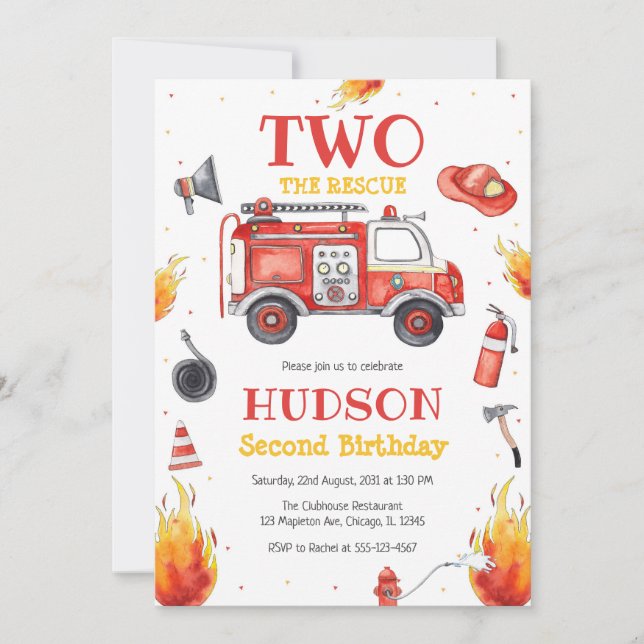 Two the Rescue Firetruck 2nd Birthday Invitation (Front)