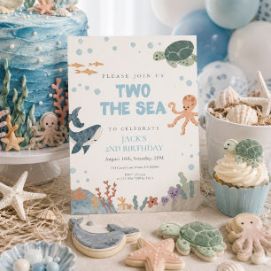 Two the Sea Cute Watercolor Blue Boy 2nd Birthday  Invitation