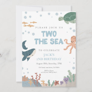 Two the Sea Cute Watercolor Blue Boy 2nd Birthday Invitation