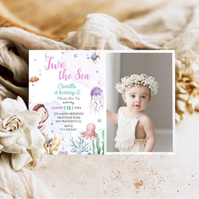 Two The Sea Mermaid Girl 2nd Birthday Photo Invitation (Creator Uploaded)