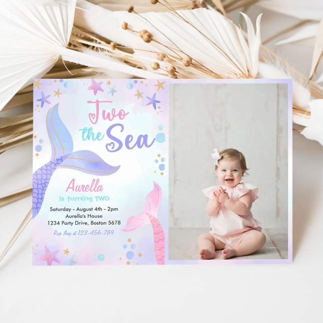 Two The Sea Mermaid Girl 2nd Birthday Photo Invitation (Creator Uploaded)