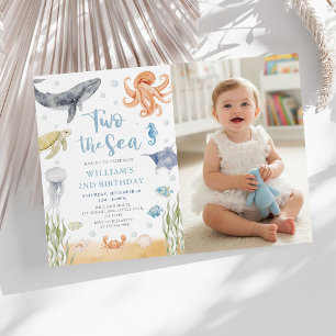 Two The Sea Ocean Animals 2nd Birthday Photo Invitation