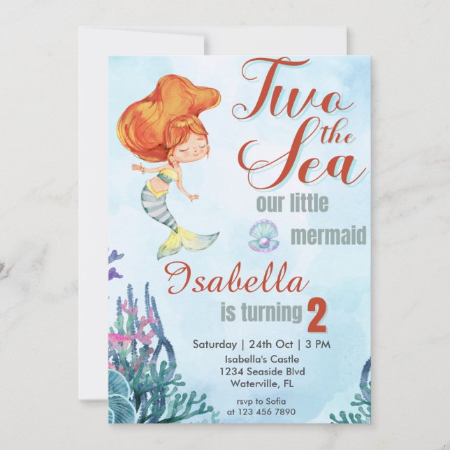Two the Sea Orang Mermaid Girls 2nd birthday Invitation (Front)