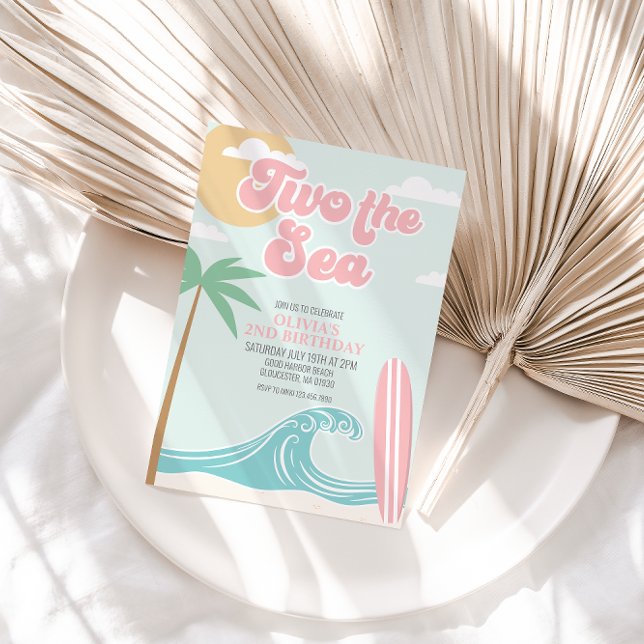 Two the Sea PINK Surf Beach 2nd Birthday Invitation (Creator Uploaded)
