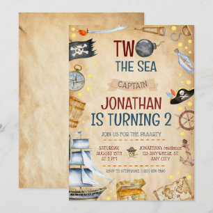 Two The Sea Pirate Ship 2nd Birthday Party Invitation