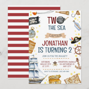 Two The Sea Pirate Ship 2nd Birthday Party Invitation