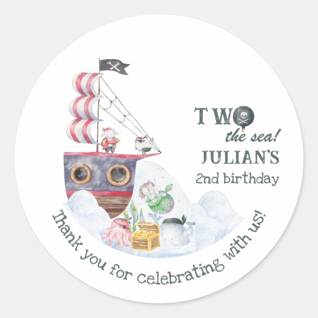 Two The Sea Pirate Ship Mermaid 2nd Birthday Party Classic Round Sticker (Front)