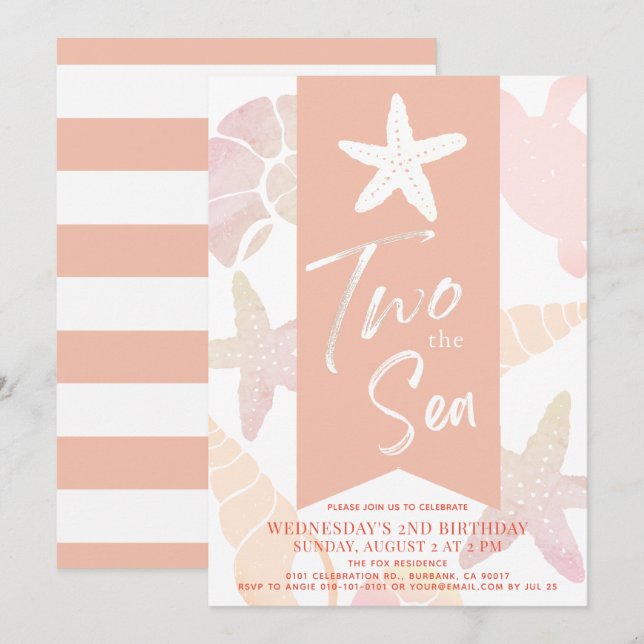 Two the Sea Starfish Coral Pink 2nd Birthday Invit Invitation (Front/Back)