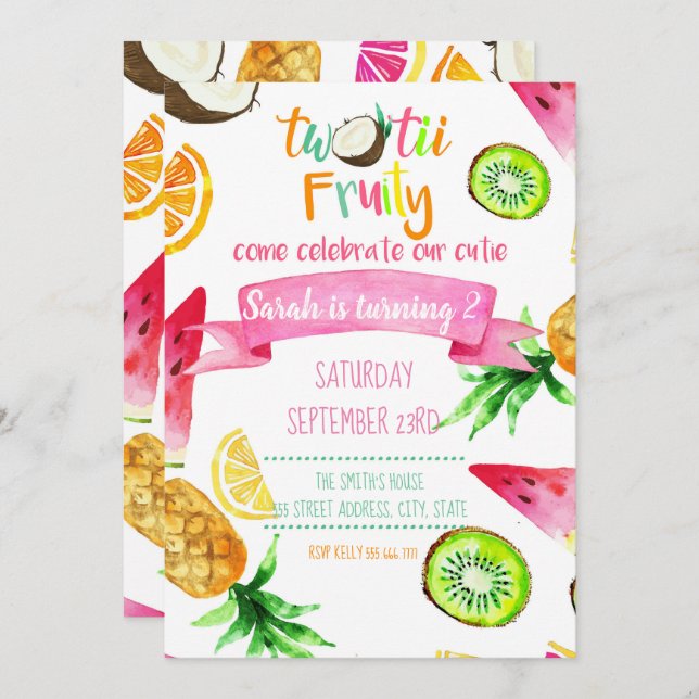 Two Tii Fruity Birthday Card Invitation Turning 2 (Front/Back)