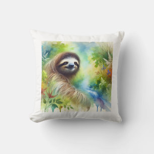 Two Toed Sloth 040924AREF136 - Watercolor Throw Pillow