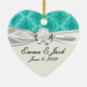 two tone aquamarine blue aqua diamond damask ceramic ornament