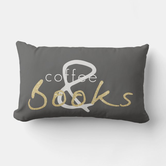 Two Tone Gold Sparkle Coffee and Books Pillow (Front)