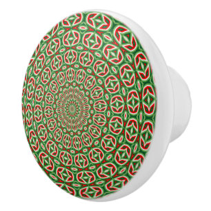 Two Tone Green And Red And White Christmas Mandala Ceramic Knob