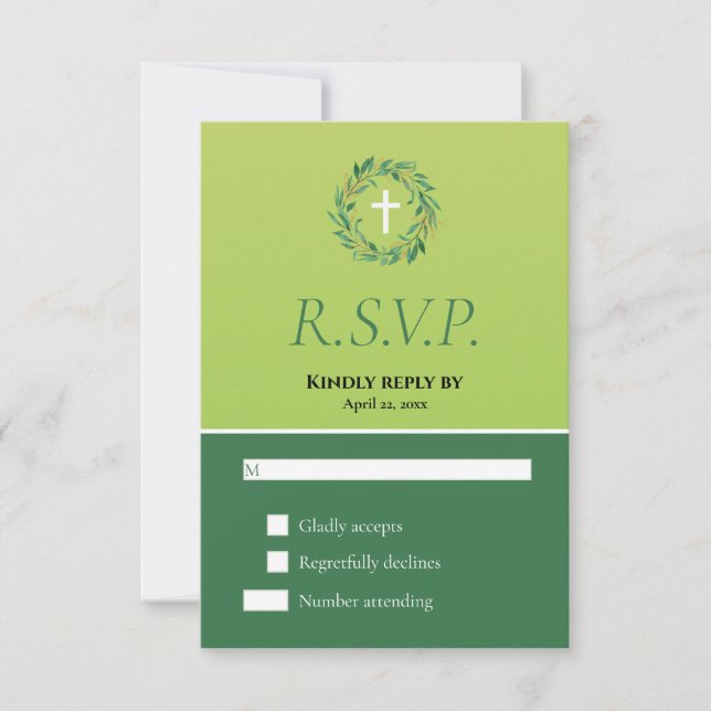 Two Tone Green Leafy Wreath Spring Baptism RSVP (Front)