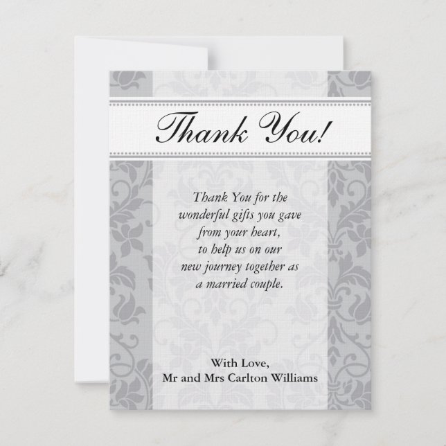 Two-tone Grey Damask Wedding Flat Thank You Card (Front)