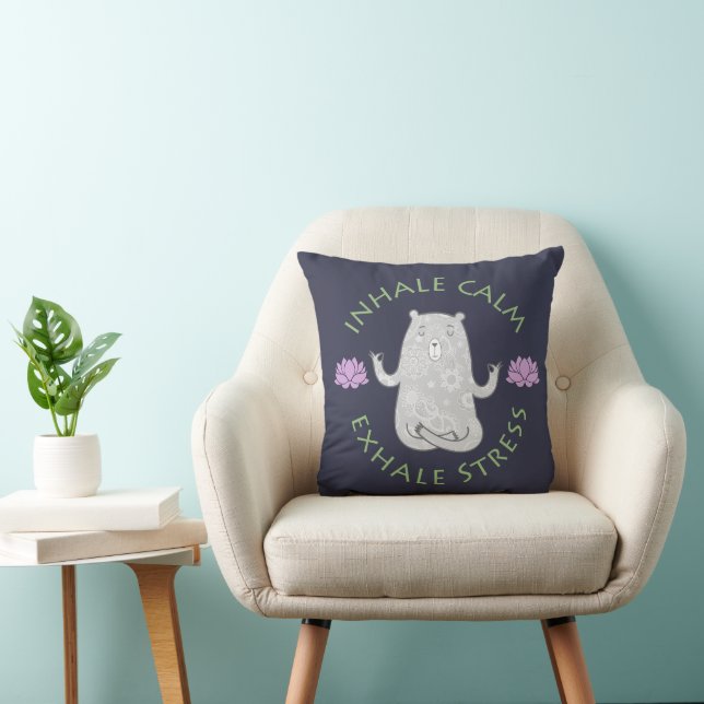 Two Tone Inhale, Exhale Yoga Bear Throw Pillow (Chair)