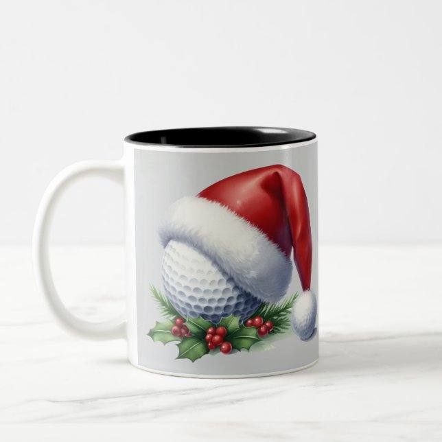 Two tone mug with a golf ball wearing a Santa hat (Left)
