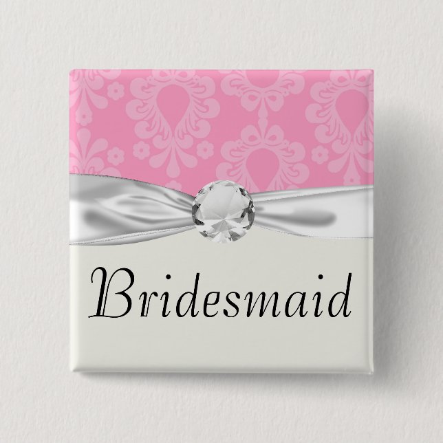 two tone pastel pink floral damask pattern 2 inch square button (Front)