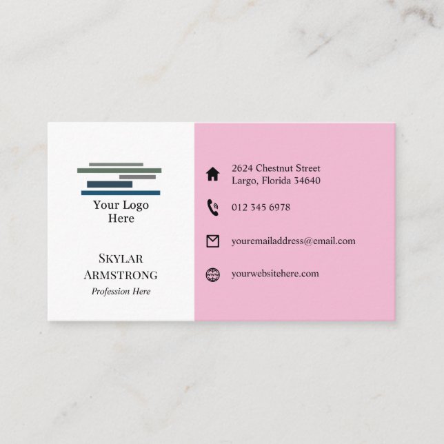 Two Tone Pink White Your Logo Icons One Sided Business Card (Front)