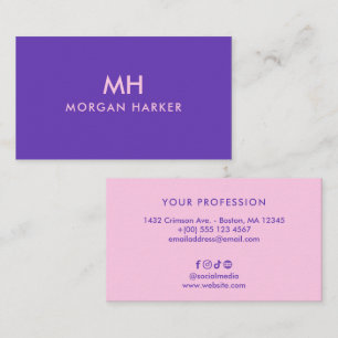 Two-Tone Purple Pink Minimal Clean Monogram Business Card