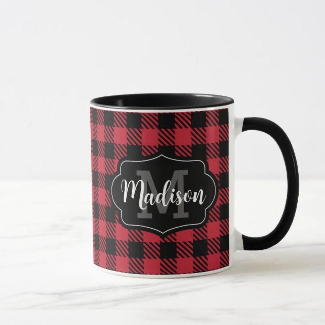 Two Tone Red Black Buffalo Plaid Monogram Mug (Right)