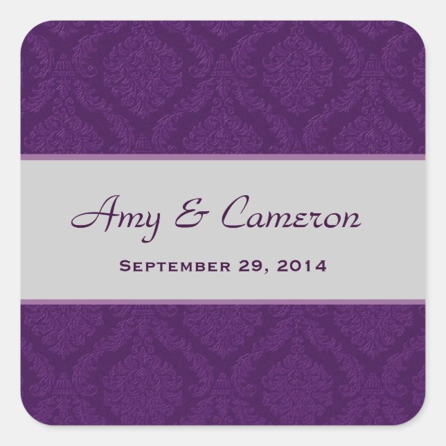 Two Tone Rich Purple Damask  Wedding V92 Square Sticker (Front)