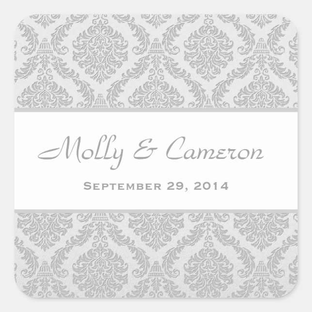 Two Tone Silver Grey Damask  Wedding V79 Square Sticker (Front)
