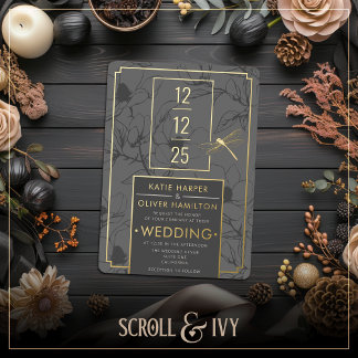 Two-Tone Slate Floral & Dragonfly Foil Invitation