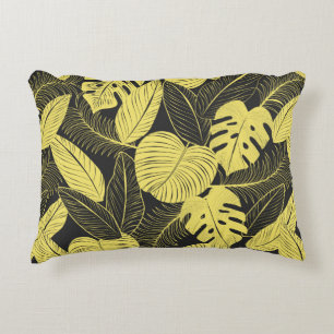 Two Tone Yellow Black Tropical Leaf Seamless Patte Accent Pillow