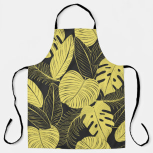 Two Tone Yellow Black Tropical Leaf Seamless Patte Apron