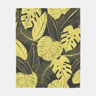 Two Tone Yellow Black Tropical Leaf Seamless Patte Fleece Blanket
