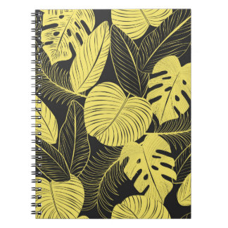 Two Tone Yellow Black Tropical Leaf Seamless Patte Notebook