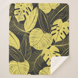 Two Tone Yellow Black Tropical Leaf Seamless Patte Sherpa Blanket