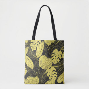 Two Tone Yellow Black Tropical Leaf Seamless Patte Tote Bag