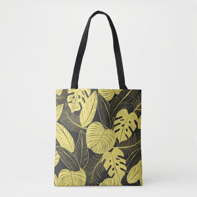 Two Tone Yellow Black Tropical Leaf Seamless Patte Tote Bag (Front)