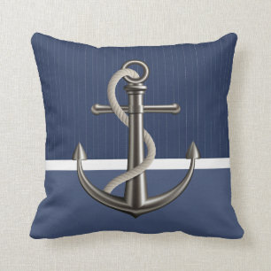 Two-toned Blue Pinstriped Anchor Throw Pillow