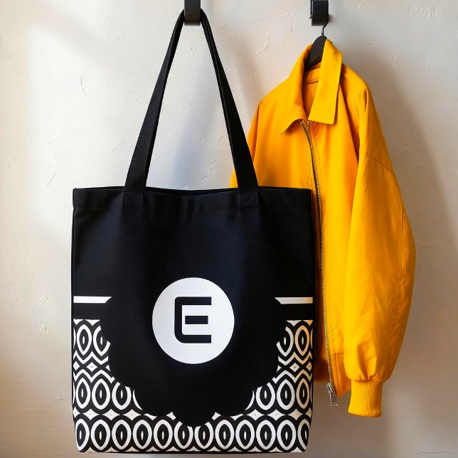 Two Toned Chevron And Teardrop Tote Bag (Large flower, stripe and your initial. Nature in a bold style.)